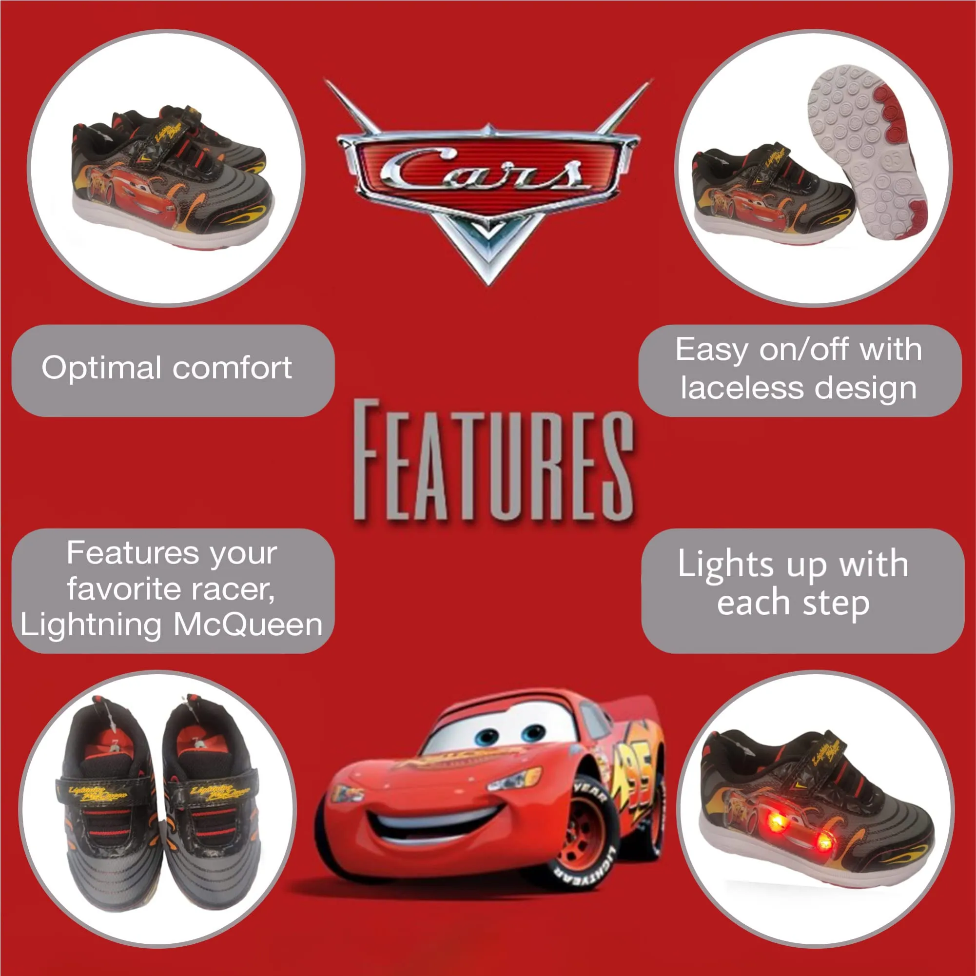 Disney Cars Boy's Lighted Athletic Sneaker, Black/Grey (Toddler, Little Kid)