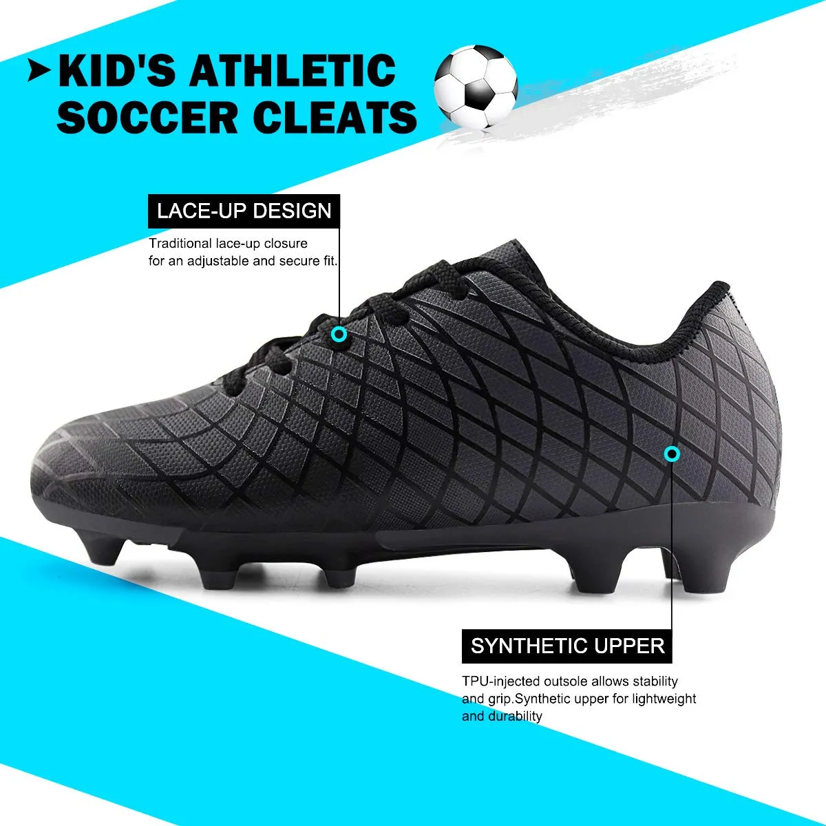 JABASIC Kids Outdoor Soccer Cleats Athletic Firm Ground Football Shoes (2,Black)